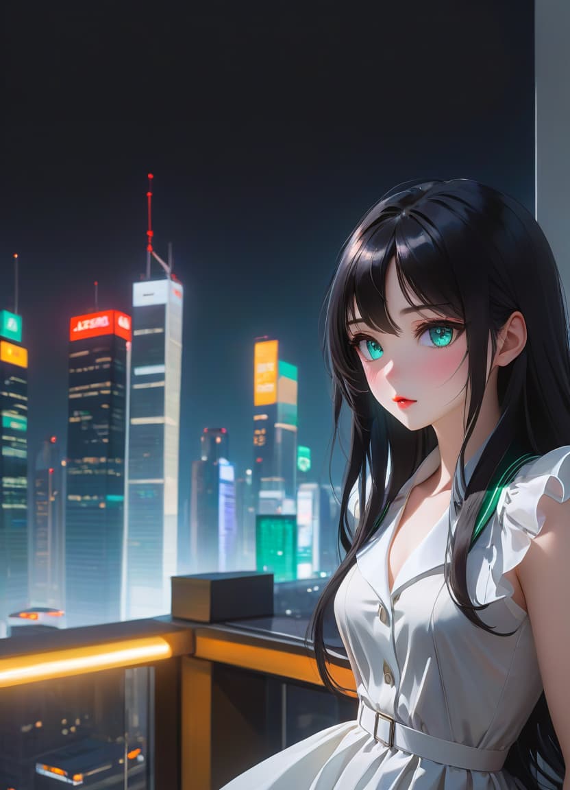  anime artwork beautiful , , white skinned, European, blue eyes, long brown straight hair, slender figure, small neat s, dressed in a black dress with a white collar and white cuffs, full length, against the backdrop of a modern city. Skyscrs of Moscow City (photorealism, oil painting: 1.3), (full length shot: 1.3), charming , long flowing black hair, (large sensual mouth: 1.2), plump lips, sparkling emerald eyes , narrow waist, (sensual drawing: 1.2), silvery glow, ethereal aura, detailed brushwork, intricate shadows and highlights, mysterious and captivating expression, unique color palette, masterful use of light and shadow, captivating atmosphere, pure emotion, intense gaze, dynamic composition. small hyperrealistic, full body, detailed clothing, highly detailed, cinematic lighting, stunningly beautiful, intricate, sharp focus, f/1. 8, 85mm, (centered image composition), (professionally color graded), ((bright soft diffused light)), volumetric fog, trending on instagram, trending on tumblr, HDR 4K, 8K