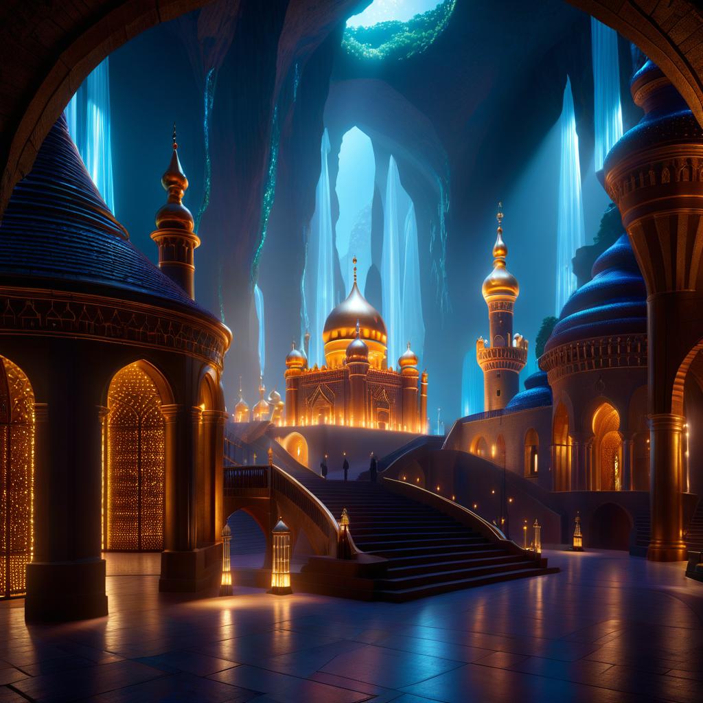  ethereal fantasy concept art of ((The building of the Palace of the Queen of Sheba)). On a square base stood a round four storey tower topped with crenellations. The tower was adorned with arches of blown glass that supported balconies overlooking the city. The railings and walls were studded with sapphires, diamonds and rubies. The golden and silver roofs shone dimly in the bluish sparkles that glittered beneath the vaults of the cave. Translated with DeepL.com (free version) . magnificent, celestial, ethereal, painterly, epic, majestic, magical, fantasy art, cover art, dreamy, hkmagic, GLOWNEON hyperrealistic, full body, detailed clothing, highly detailed, cinematic lighting, stunningly beautiful, intricate, sharp focus, f/1. 8, 85mm, (centered image composition), (professionally color graded), ((bright soft diffused light)), volumetric fog, trending on instagram, trending on tumblr, HDR 4K, 8K