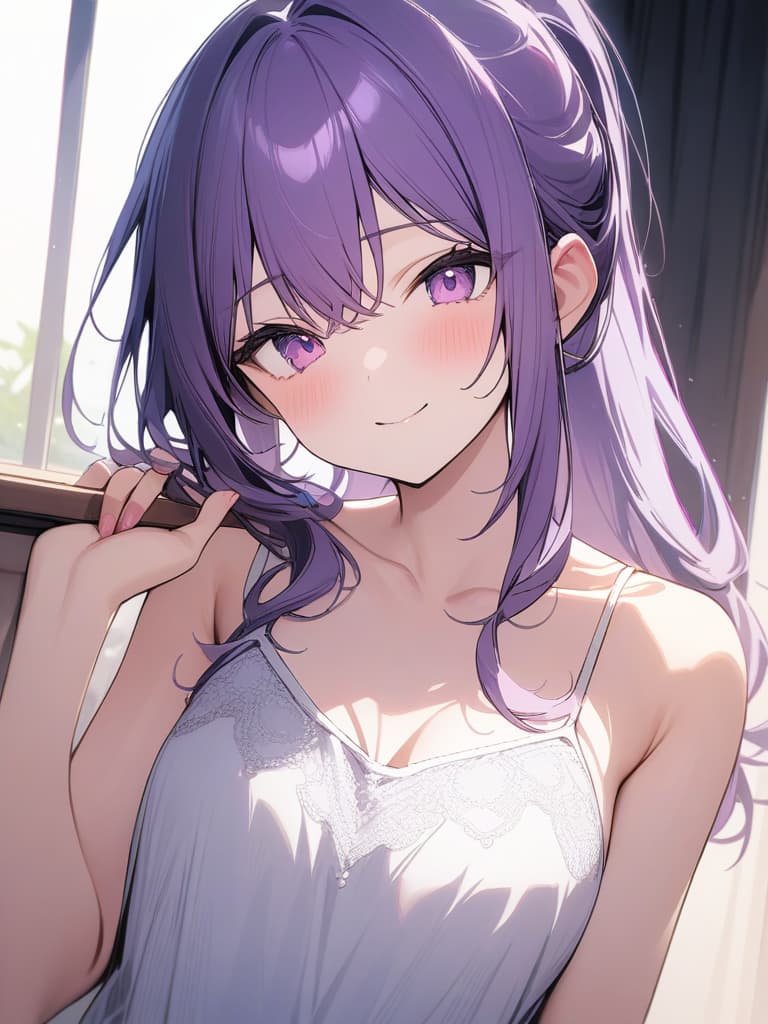  Cute, , long hair, thin body, ponytail, purple hair, purple eyes, , g, purple clothes, sister, smile, camisole, g, shy face, masterpiece, best quality,8k,ultra detailed,high resolution,an extremely delicate and beautiful,hyper detail