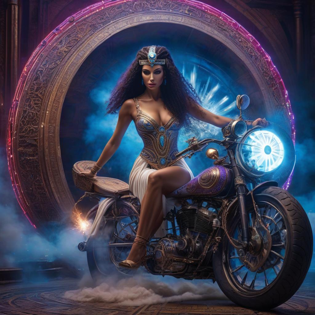  Fantasy painting. Digital photo, Cleopatra is controlling a two wheeled chariot in a shining sphere, emitting white blue red glow, neon purple sparks, mystical glow. From under the wheels of the chariot, flying is a fantastically flashing dust. Detailed fantastic background: surrealistic, intertwining in an unusual, whimsical ornament. Fine details. Sparks. hyperrealistic, full body, detailed clothing, highly detailed, cinematic lighting, stunningly beautiful, intricate, sharp focus, f/1. 8, 85mm, (centered image composition), (professionally color graded), ((bright soft diffused light)), volumetric fog, trending on instagram, trending on tumblr, HDR 4K, 8K