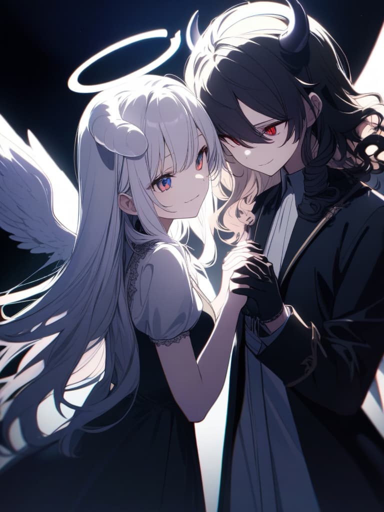  ((Angel and devil,angel,devil,facing each other,s together,y,tempting,devil on the right,angel on the left,holding hands,divine)),((Angel,angel wings,angel halo,halo,white dress,big s,blue eyes,white hair,perm,long hair,curly hair,beautiful,pretty ,puzzled face)),((Devil,devil wings,devil horns,devil tail,red eyes,black hair,straight long hair,big s,black dress,black gloves,devilish smile,pretty )),pretty ,cute,high quality,two people,two s,ultra detailed,best shadow,cute and beautiful face,(masterpiece:1.2),(best quality:1.2),detailed background,high contrast,(best illumination,an extremely delicate and beautiful),((cinematic light)),hyper detail,dramatic light,intricate details,8k,anime,very aesthetic、(