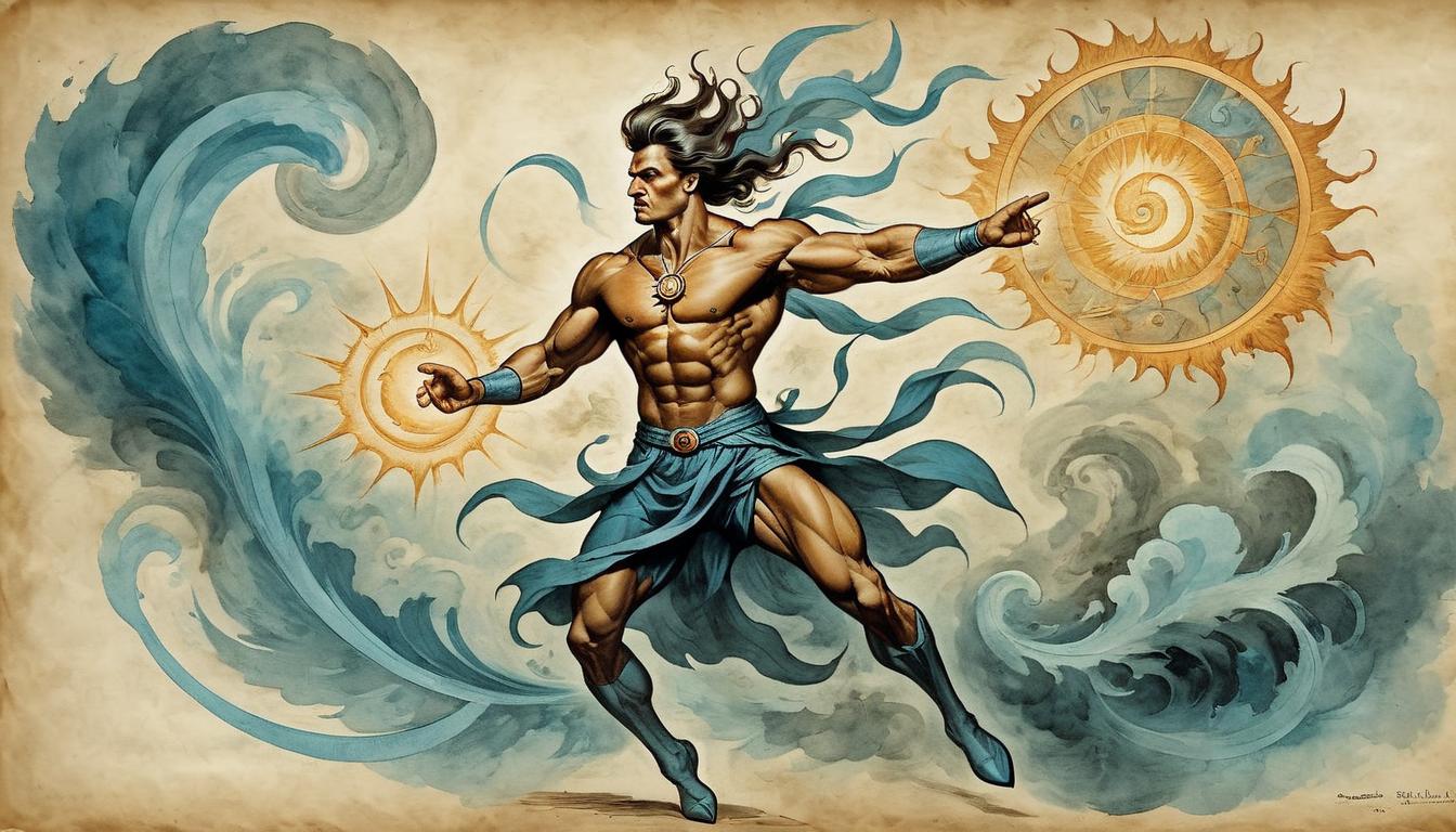  on parchment, surrealism+++, Athlete in action, focused expression, dynamic aura surrounding, radiating energy, precise movements, powerful and intense(mysterious, provocative, symbolic,muted color)+++