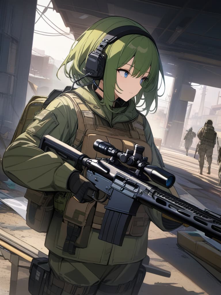  masterpiece,top quality,best quality,official art,beautiful and aesthetic,military,concept art,cinematic angle,BREAK1woman,blue eyes,green hair,short hair,headset,ault vest,ACU camouflage pattern jacket,special forces equipment,(SR 25 sniper rifle:1.1),BREAK, masterpiece, best quality,8k,ultra detailed,high resolution,an extremely delicate and beautiful,hyper detail