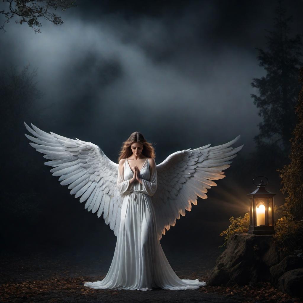  An angel weeping in flight with black and broken wings, in the dark of night. The scene is filled with sadness, and the angel is beautifully depicted in a creative and unique artistic expression, showing her mourning in the eternal night. hyperrealistic, full body, detailed clothing, highly detailed, cinematic lighting, stunningly beautiful, intricate, sharp focus, f/1. 8, 85mm, (centered image composition), (professionally color graded), ((bright soft diffused light)), volumetric fog, trending on instagram, trending on tumblr, HDR 4K, 8K