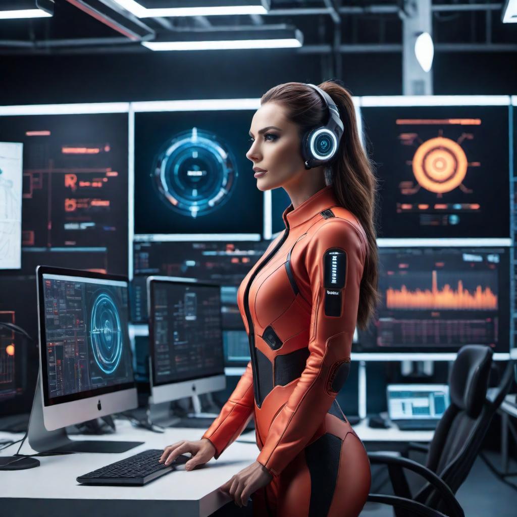  an image depicting the use of AI in creative design. The scene shows a futuristic workspace with a designer using a sleek computer and AI tools like DALL-E on large screens around them. The background features examples of striking logos, eye-catching marketing materials, and artistic images. The environment looks modern and sophisticated with a blend of vibrant colors and sleek minimalist furniture. The mood is dynamic and inspirational, highlighting the seamless integration of technology and creativity. hyperrealistic, full body, detailed clothing, highly detailed, cinematic lighting, stunningly beautiful, intricate, sharp focus, f/1. 8, 85mm, (centered image composition), (professionally color graded), ((bright soft diffused light)), volumetric fog, trending on instagram, trending on tumblr, HDR 4K, 8K