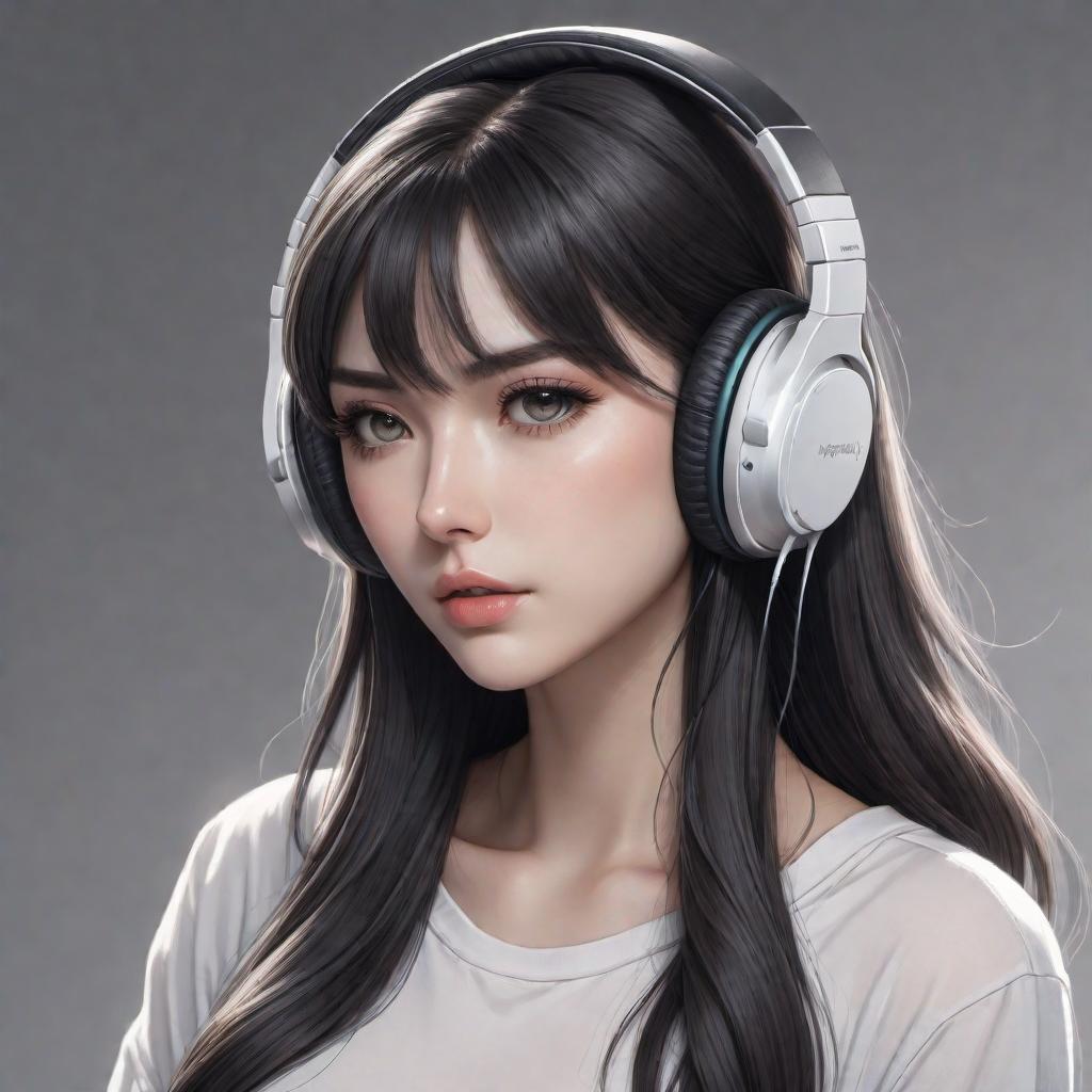  A hand-drawn sketch of an anime-style girl with dark hair, wearing headphones, looking sad. Make it less realistic and more sketch-like with rough lines and an illustrative style on a white background. hyperrealistic, full body, detailed clothing, highly detailed, cinematic lighting, stunningly beautiful, intricate, sharp focus, f/1. 8, 85mm, (centered image composition), (professionally color graded), ((bright soft diffused light)), volumetric fog, trending on instagram, trending on tumblr, HDR 4K, 8K