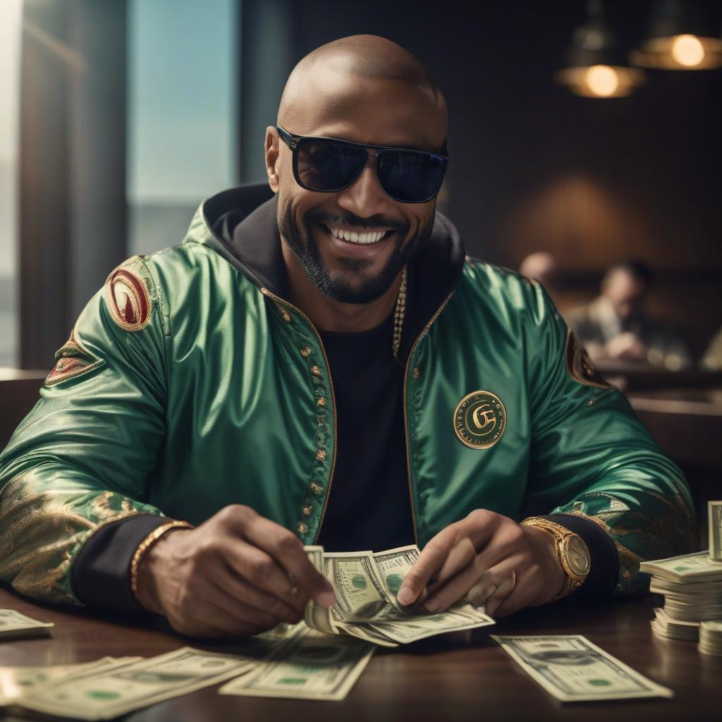  cinematic film still A man in a Gucci tracksuit and black sunglasses sits at a table and counts money in his hands and smiles . shallow depth of field, vignette, highly detailed, high budget, bokeh, cinemascope, moody, epic, gorgeous, film grain, grainy hyperrealistic, full body, detailed clothing, highly detailed, cinematic lighting, stunningly beautiful, intricate, sharp focus, f/1. 8, 85mm, (centered image composition), (professionally color graded), ((bright soft diffused light)), volumetric fog, trending on instagram, trending on tumblr, HDR 4K, 8K