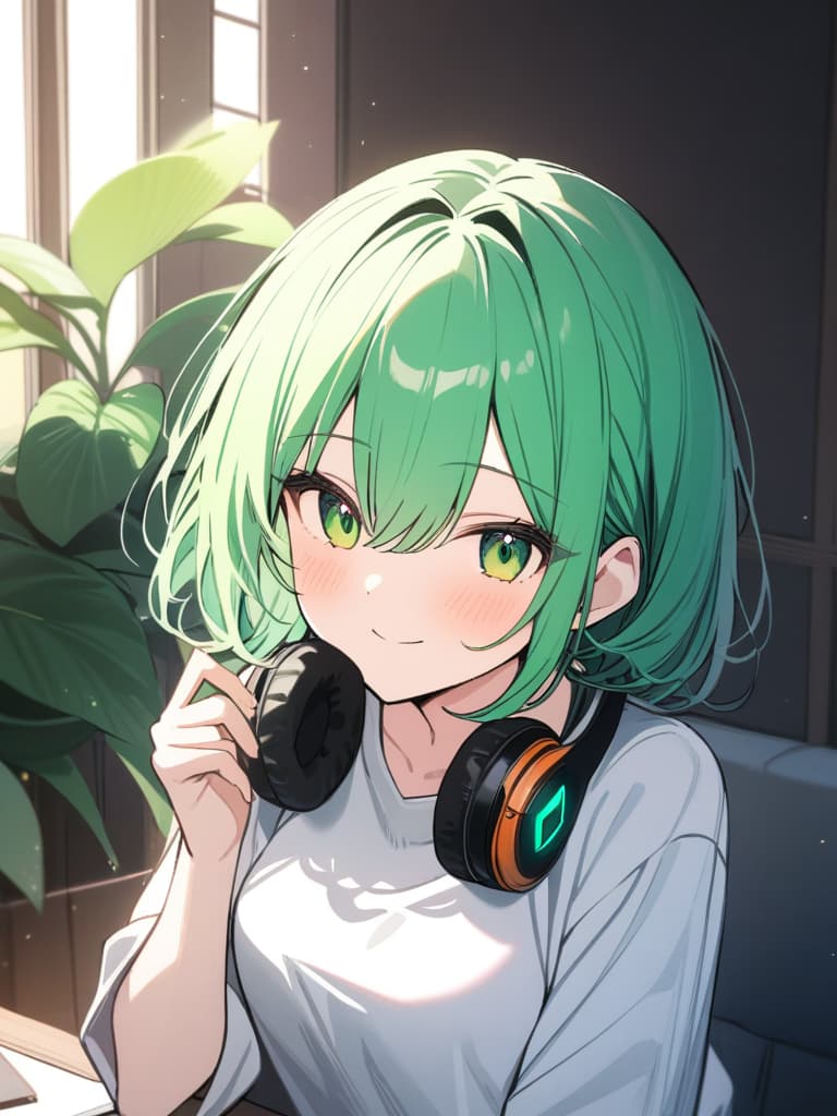  masterpiece,one woman,pretty,delicate green hair color,glossy hair color,short hair,headphones,green eye color,smile,{{{satsuki azalea(Rhododendron indicum)}}},natural light,warm sunlight,high resolution,high quality,8K, masterpiece, best quality,8k,ultra detailed,high resolution,an extremely delicate and beautiful,hyper detail