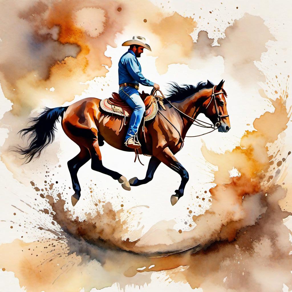  Create a watercolor painting of a man ridding a bucking horse at a rodeo. The background features soft, watercolor style splashes in earthy tones, giving the image an artistic and dreamy feel. Ensure the overall image has a delicate watercolor effect.