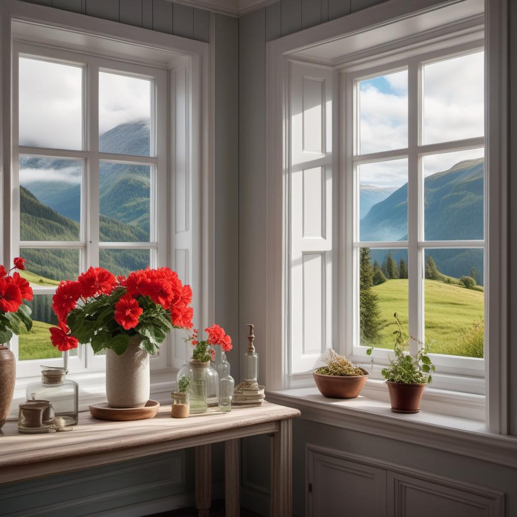  Create an image of the beautiful home in the Norwegian countryside with windows showing the view from the outside looking in. The windows should have white lace curtains and red geraniums on the outside window sill. hyperrealistic, full body, detailed clothing, highly detailed, cinematic lighting, stunningly beautiful, intricate, sharp focus, f/1. 8, 85mm, (centered image composition), (professionally color graded), ((bright soft diffused light)), volumetric fog, trending on instagram, trending on tumblr, HDR 4K, 8K