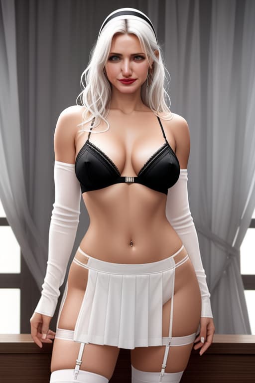  best quality, masterpiece,realistic, 25 y.o. Cameron Diaz, full length picture, pretty face, dark make up,stunning body, topless, naked, mini skirt, upskirt, skirt liftup, long wavy hair, white hair, black skirt, hairband, small breasts, nipples piercing, long sleeves, parted lips, lips, carmin red lips, smile, black hairband, mole under mouth, short skirt, lips, nose, belly button, navel piercing, garter belt, transparent thong, White thong, butt, high heels, back view, soft natural light, noon sun light hyperrealistic, full body, detailed clothing, highly detailed, cinematic lighting, stunningly beautiful, intricate, sharp focus, f/1. 8, 85mm, (centered image composition), (professionally color graded), ((bright soft diffused light)), volumetric fog, trending on instagram, trending on tumblr, HDR 4K, 8K
