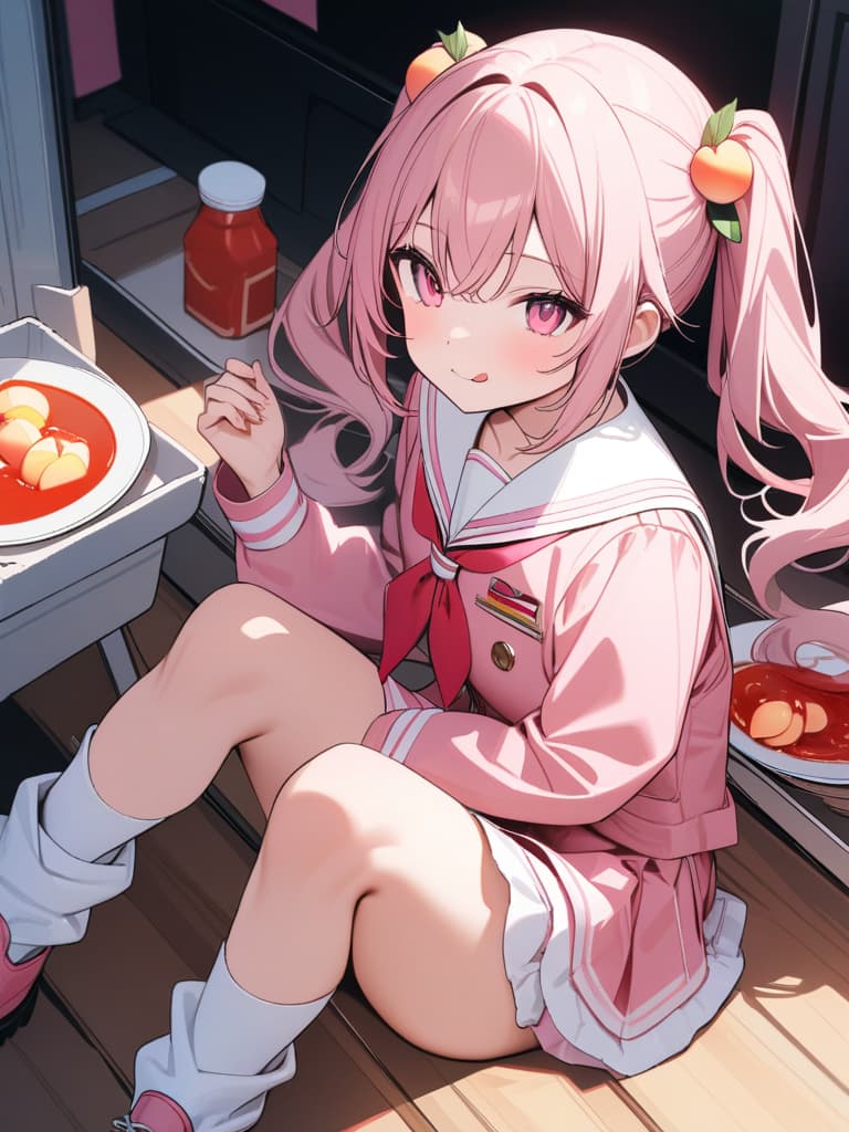  Cute, , thin body, fluffy hair, fluffy long hair, twin tails, pink eyes, pink eyes, big s, uniforms, uniforms, sauce, peach decoration, peach, smile, pink sailor suit, loose. Socks, tongue out, masterpiece, best quality,8k,ultra detailed,high resolution,an extremely delicate and beautiful,hyper detail