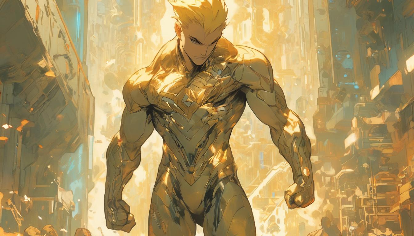  hyperrealism,fantasy aesthetic1man, large busted attractive blonde arian male humanoid, divine light, ascending staircase, new era, autonomous, elevated, high tech clothing clad in sleek, futuristic costume with metallic accents and form fitting designs, marvel superhero comics style, unreal engine rendering