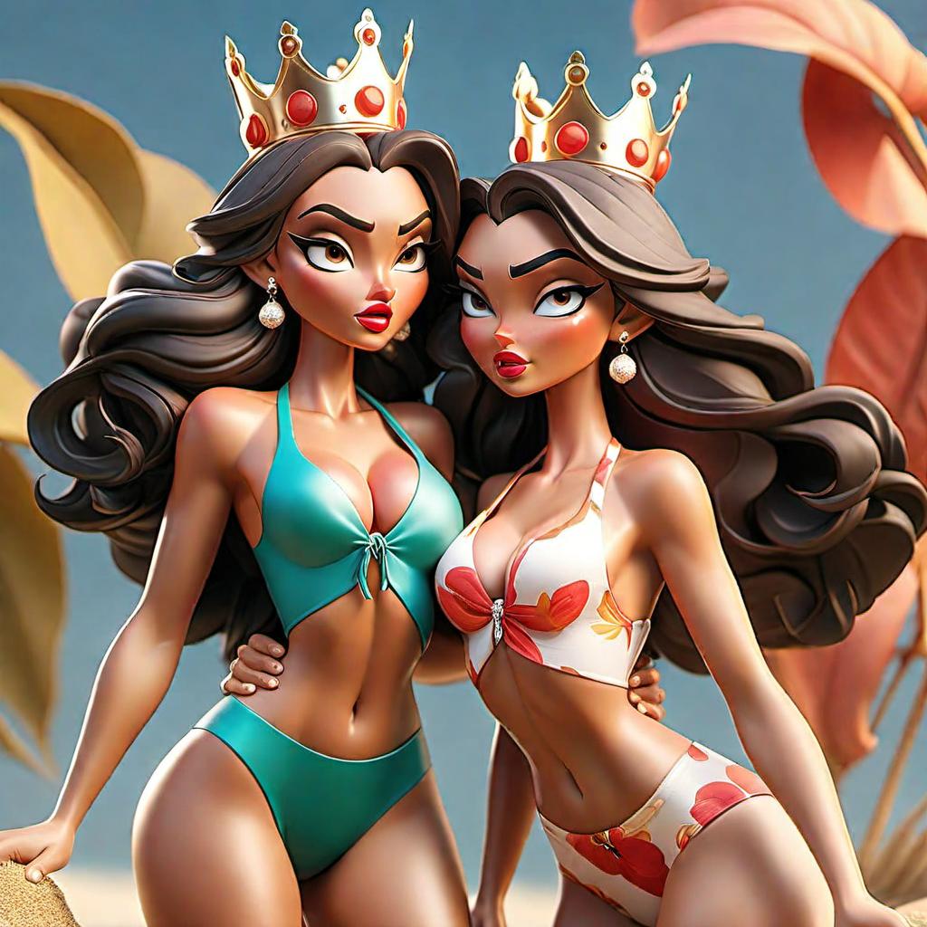  Mine Tugay and Defne Samyeli fight over a crown in swimsuits. hyperrealistic, full body, detailed clothing, highly detailed, cinematic lighting, stunningly beautiful, intricate, sharp focus, f/1. 8, 85mm, (centered image composition), (professionally color graded), ((bright soft diffused light)), volumetric fog, trending on instagram, trending on tumblr, HDR 4K, 8K