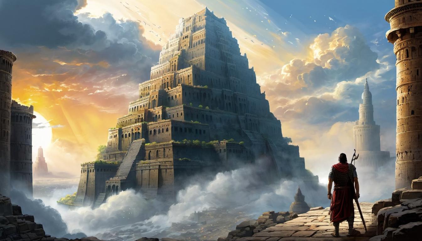  digital painting of Nimrod standing alone against the backdrop of the crumbling Tower of Babel, celestial light shining down upon him, defiant, resolute, confronting the divine looking at viewer, dynamic pose, (intricate details, masterpiece, best quality)