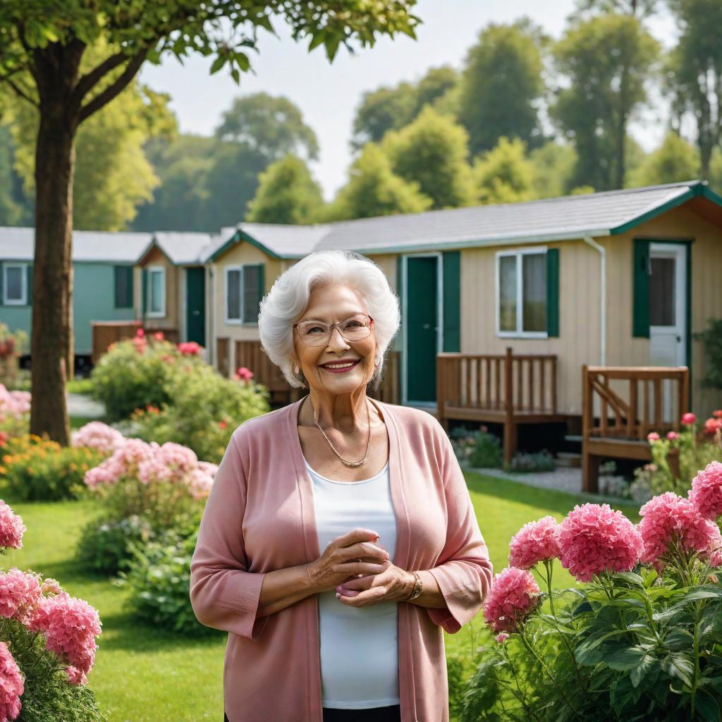  A serene and vibrant image representing a Senior Mobile Home Park. The image should convey a sense of community, nature, and peaceful living. Include elements like mobile homes, seniors engaging in activities like yoga or BBQs, and a backdrop of greenery and flowers. Add text overlay with hashtags: #SeniorLiving #MobileHomePark #RetirementGoals #CommunityLove #ElderlyCare #NatureLovers hyperrealistic, full body, detailed clothing, highly detailed, cinematic lighting, stunningly beautiful, intricate, sharp focus, f/1. 8, 85mm, (centered image composition), (professionally color graded), ((bright soft diffused light)), volumetric fog, trending on instagram, trending on tumblr, HDR 4K, 8K