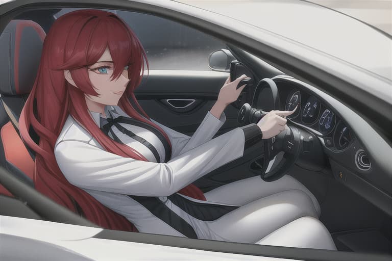  A female lawyer is driving a sports car and stroking her hair hyperrealistic, full body, detailed clothing, highly detailed, cinematic lighting, stunningly beautiful, intricate, sharp focus, f/1. 8, 85mm, (centered image composition), (professionally color graded), ((bright soft diffused light)), volumetric fog, trending on instagram, trending on tumblr, HDR 4K, 8K