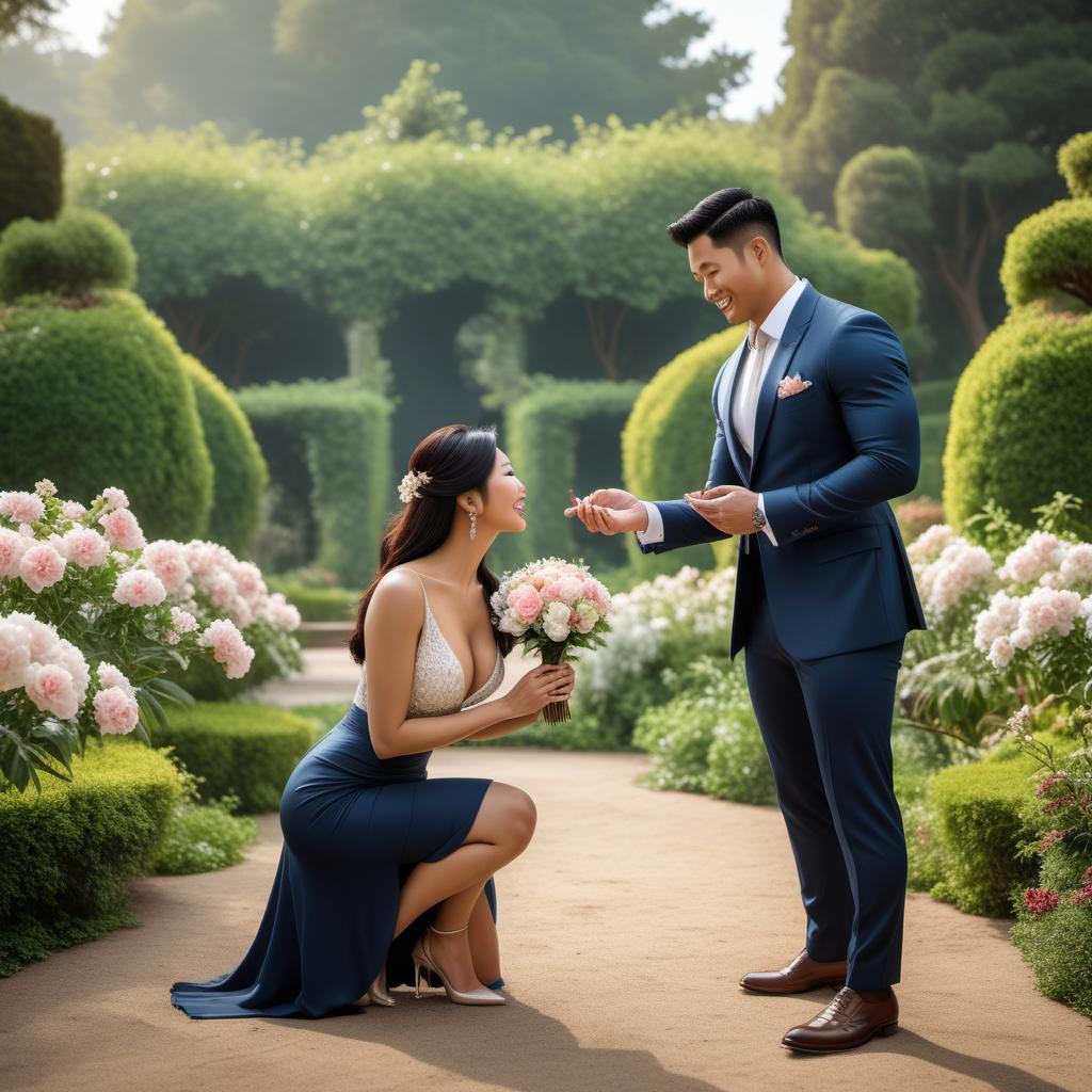  A romantic marriage proposal scene where a white male is proposing to an Asian female. They are in a beautiful outdoor setting, like a garden or a park, with flowers and greenery around. The male is on one knee holding a ring, and the female looks surprised and happy. Both are dressed nicely - the male in a suit and the female in a lovely dress. hyperrealistic, full body, detailed clothing, highly detailed, cinematic lighting, stunningly beautiful, intricate, sharp focus, f/1. 8, 85mm, (centered image composition), (professionally color graded), ((bright soft diffused light)), volumetric fog, trending on instagram, trending on tumblr, HDR 4K, 8K