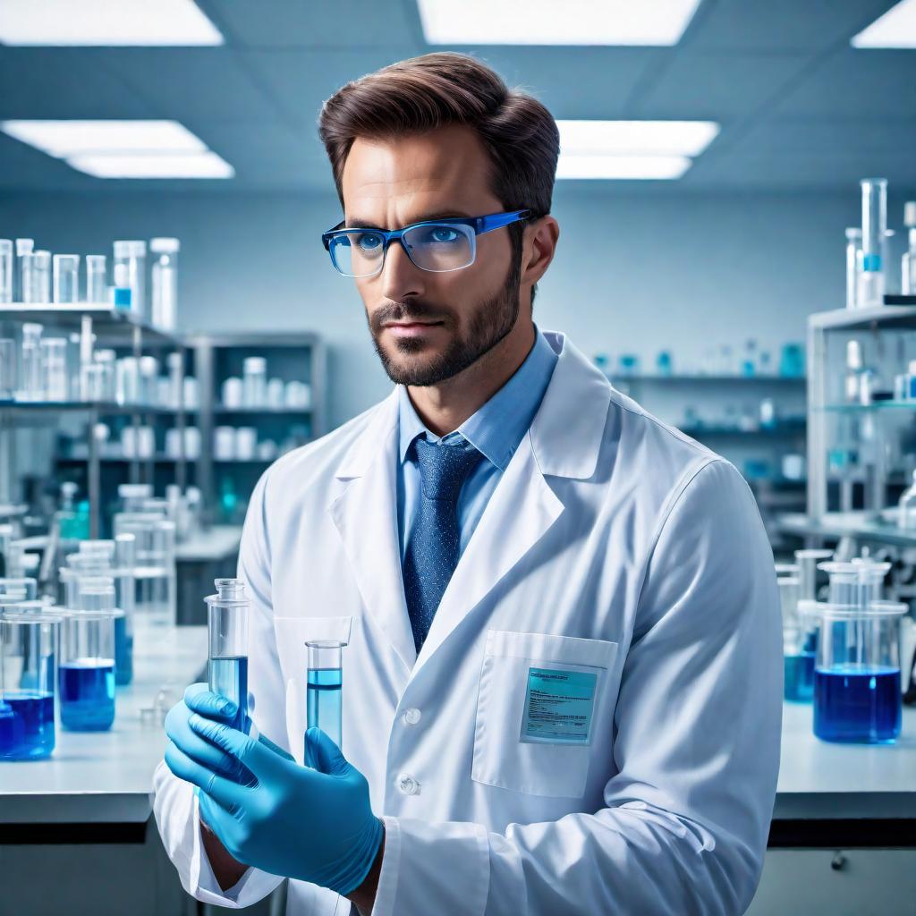  A scientist in a lab coat and safety glasses standing in a scientific laboratory. The scientist is holding a test tube filled with blue liquid and appears focused and curious. The background includes laboratory equipment such as microscopes, chemical bottles, and various lab apparatus. The setting is brightly lit, emphasizing a clinical and sterile environment. hyperrealistic, full body, detailed clothing, highly detailed, cinematic lighting, stunningly beautiful, intricate, sharp focus, f/1. 8, 85mm, (centered image composition), (professionally color graded), ((bright soft diffused light)), volumetric fog, trending on instagram, trending on tumblr, HDR 4K, 8K