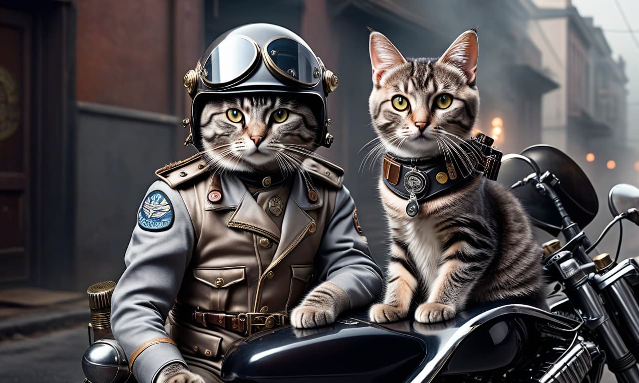  A gray tabby cat in a pilot's helmet with a machine gun belt around its body is sitting on a motorcycle sidecar. hyperrealistic, full body, detailed clothing, highly detailed, cinematic lighting, stunningly beautiful, intricate, sharp focus, f/1. 8, 85mm, (centered image composition), (professionally color graded), ((bright soft diffused light)), volumetric fog, trending on instagram, trending on tumblr, HDR 4K, 8K