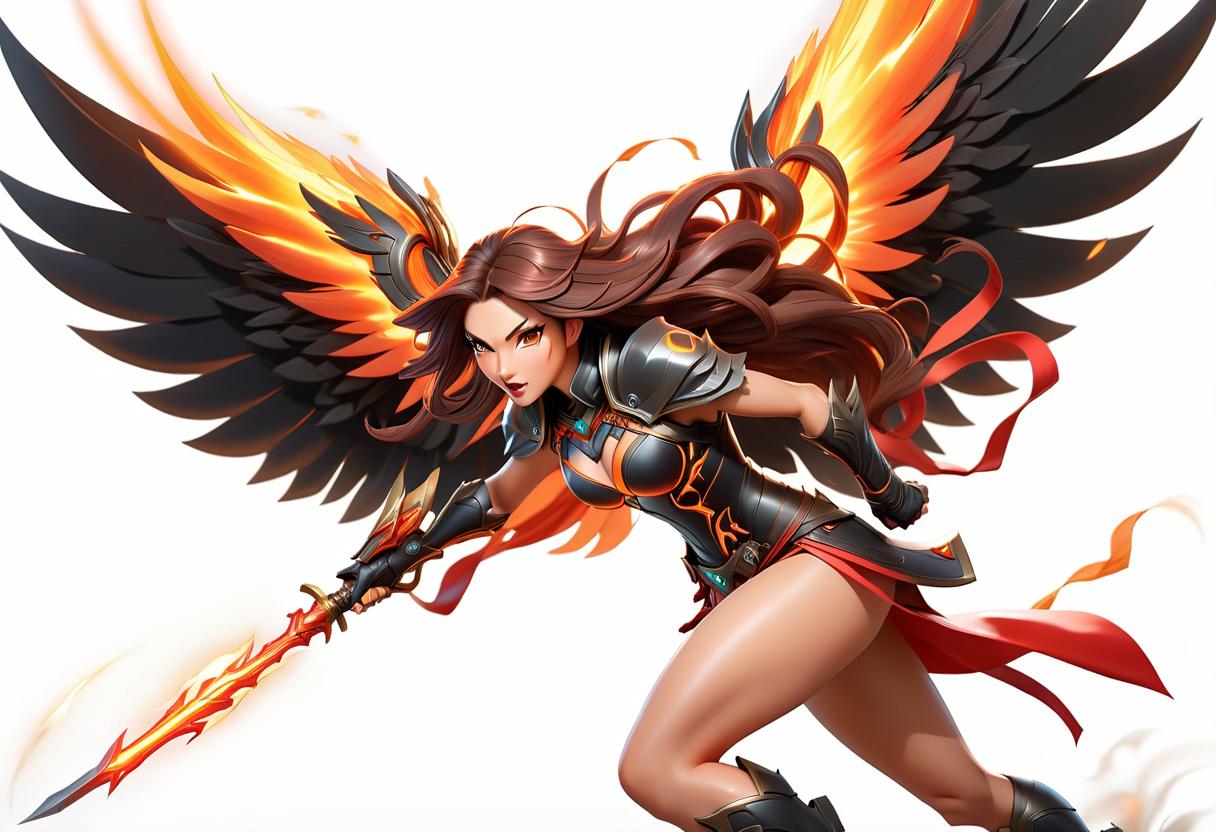  manga style vector, vector graphic, girl from League of Legends, Cale with fiery wings in black armor, runs, hair blowing in the wind . vibrant, high energy, detailed, iconic, Japanese comic style hyperrealistic, full body, detailed clothing, highly detailed, cinematic lighting, stunningly beautiful, intricate, sharp focus, f/1. 8, 85mm, (centered image composition), (professionally color graded), ((bright soft diffused light)), volumetric fog, trending on instagram, trending on tumblr, HDR 4K, 8K