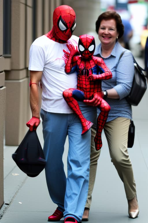  Spiderman walks while carrying his parents, and his parents smile
