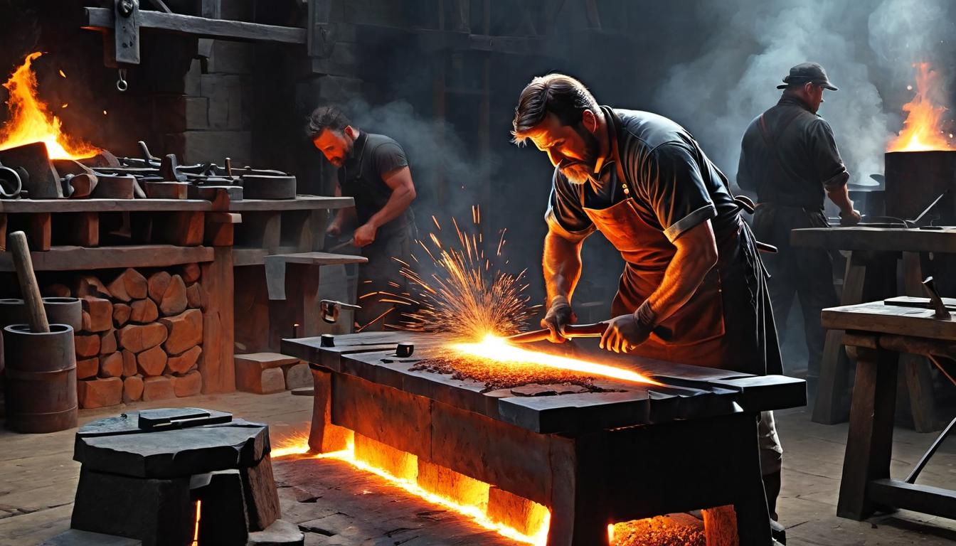  （surrealism)A blacksmith, powerful arms, hammering glowing hot metal on an anvil, sparks flying, intense focus, sturdy, hardworking mystic, intricate details, best quality)