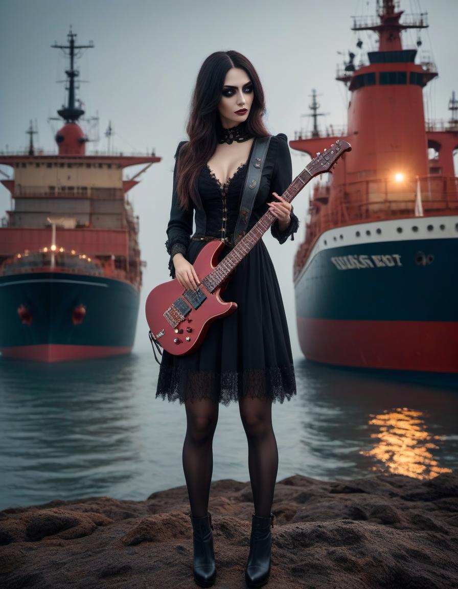  horror themed Gothic girl with an electric guitar, big eyes, a sea in the background with ships. . eerie, unsettling, dark, spooky, suspenseful, grim, highly detailed hyperrealistic, full body, detailed clothing, highly detailed, cinematic lighting, stunningly beautiful, intricate, sharp focus, f/1. 8, 85mm, (centered image composition), (professionally color graded), ((bright soft diffused light)), volumetric fog, trending on instagram, trending on tumblr, HDR 4K, 8K