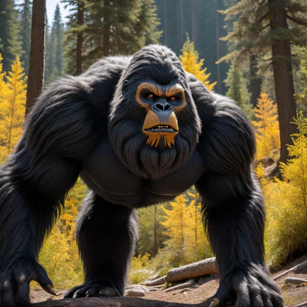  A scary-looking Bigfoot-type creature that is 9 feet tall, weighing 1300 pounds, with an all-black fur coat. The creature has piercing yellow eyes and extremely large hands, giving it an intimidating appearance. hyperrealistic, full body, detailed clothing, highly detailed, cinematic lighting, stunningly beautiful, intricate, sharp focus, f/1. 8, 85mm, (centered image composition), (professionally color graded), ((bright soft diffused light)), volumetric fog, trending on instagram, trending on tumblr, HDR 4K, 8K