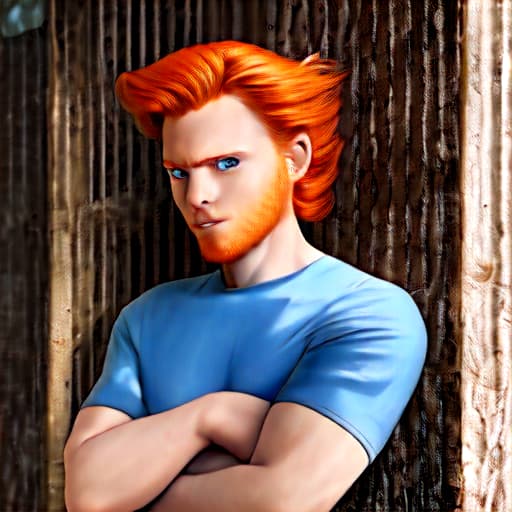  A man with natural orange hair with blue eyes and wearing a gray outfit
