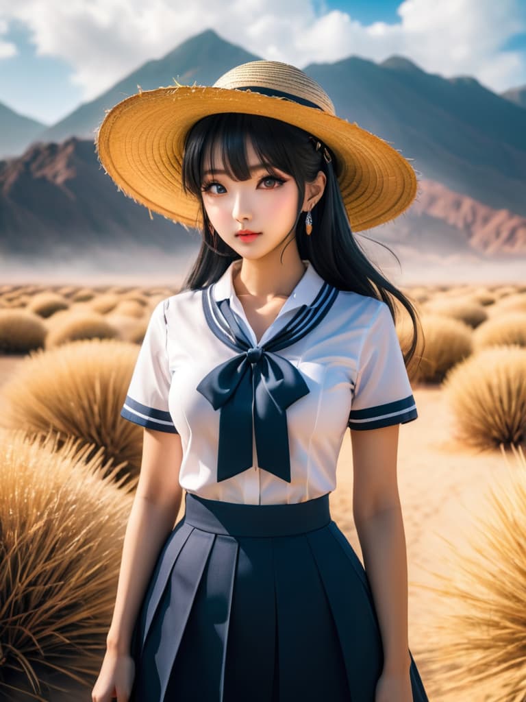  (score 9), score 8 up, highres, 1girl, anime, school uniform, straw hat, desert hyperrealistic, full body, detailed clothing, highly detailed, cinematic lighting, stunningly beautiful, intricate, sharp focus, f/1. 8, 85mm, (centered image composition), (professionally color graded), ((bright soft diffused light)), volumetric fog, trending on instagram, trending on tumblr, HDR 4K, 8K