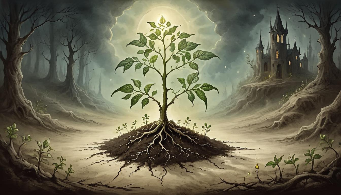  on parchment, surrealism+++, Seedling with radiant glow breaking through dark soil, surrounded by ethereal light, new growth amidst shadows, potential and hope(mysterious, provocative, symbolic,muted color)+++