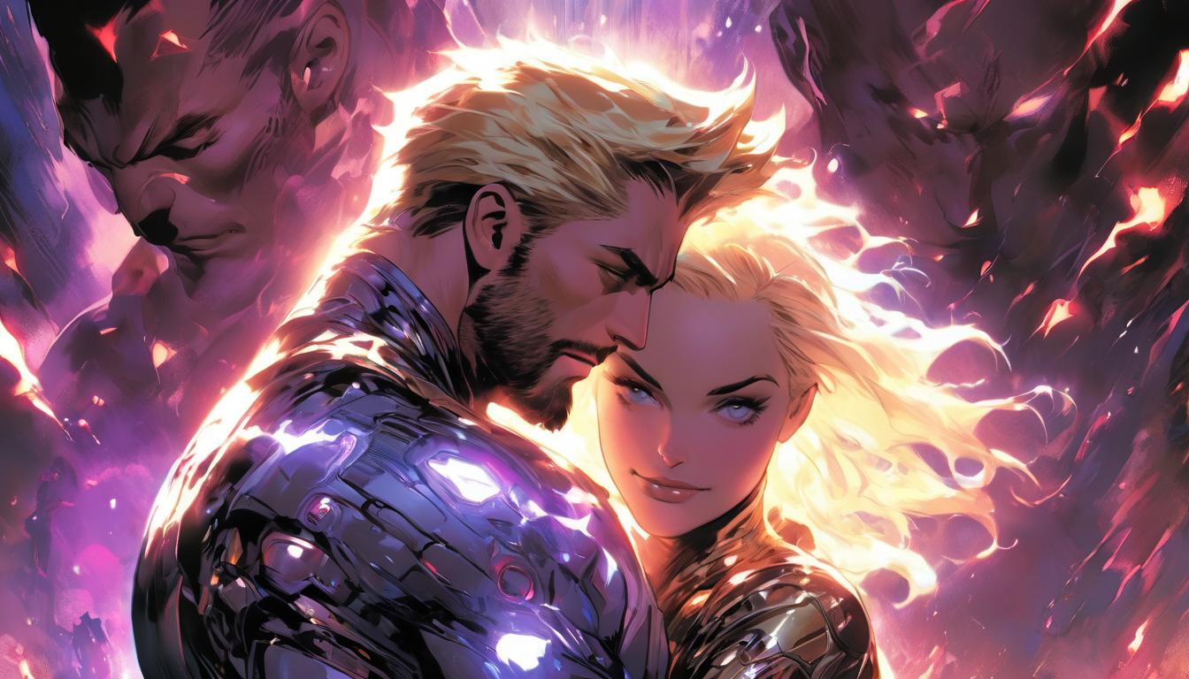  hyperrealism,fantasy aesthetic1man1woman, large busted attractive blonde arian female humanoid and handsome male humanoid, embracing supportively, cosmic background, high tech clothing clad in sleek, futuristic costume with metallic accents and form fitting designs, marvel superhero comics style, unreal engine rendering