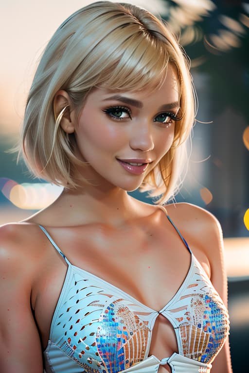  1girl,1girl,blonde short hair,straight hair,upper body shot,shirt,smile hyperrealistic, full body, detailed clothing, highly detailed, cinematic lighting, stunningly beautiful, intricate, sharp focus, f/1. 8, 85mm, (centered image composition), (professionally color graded), ((bright soft diffused light)), volumetric fog, trending on instagram, trending on tumblr, HDR 4K, 8K