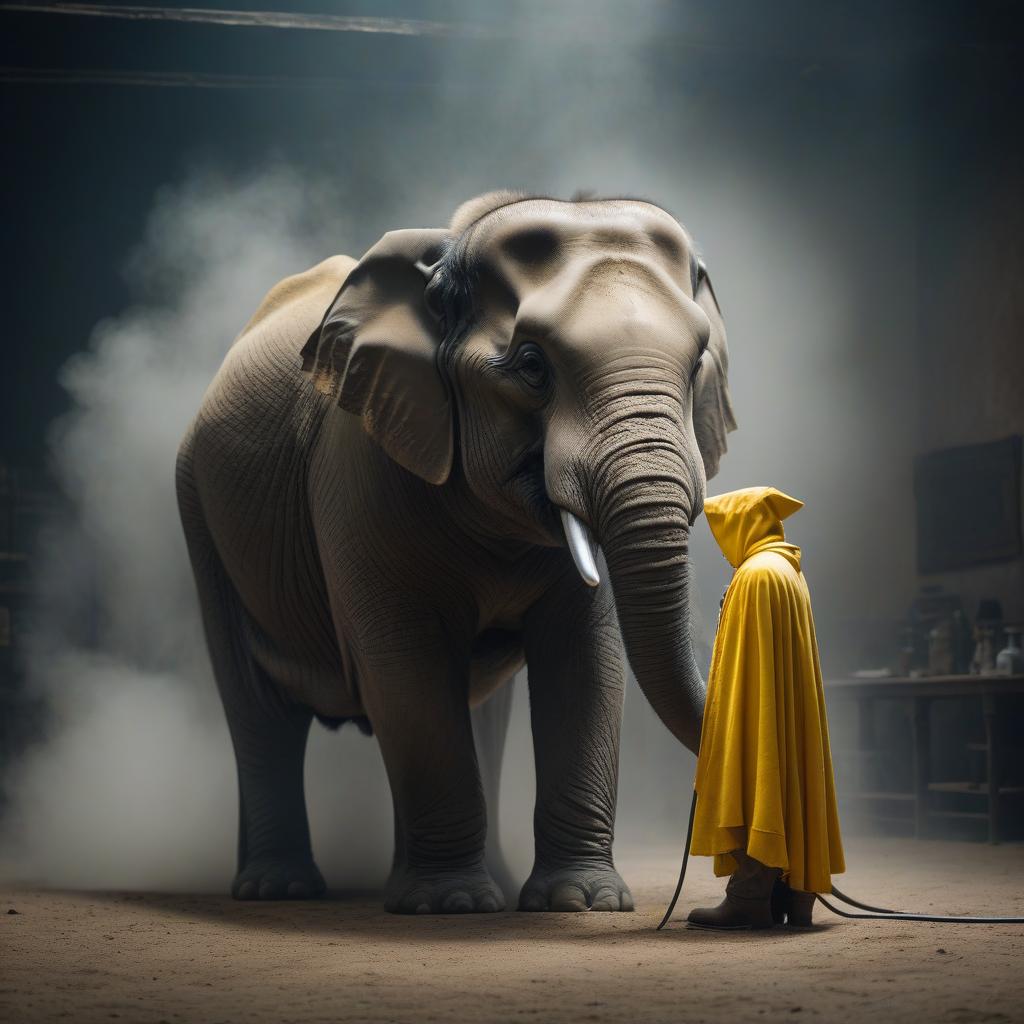  cinematic film still A large yellow elephant is sitting on a chair, hunching over its legs in fear, all covered in dust, scared, next to it stands a small mouse in a white cape with a big syringe. . shallow depth of field, vignette, highly detailed, high budget, bokeh, cinemascope, moody, epic, gorgeous, film grain, grainy hyperrealistic, full body, detailed clothing, highly detailed, cinematic lighting, stunningly beautiful, intricate, sharp focus, f/1. 8, 85mm, (centered image composition), (professionally color graded), ((bright soft diffused light)), volumetric fog, trending on instagram, trending on tumblr, HDR 4K, 8K