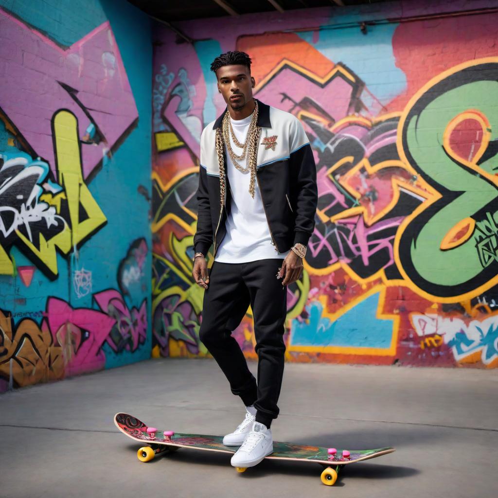  A male model at a skate park. He is wearing a diamond-clustered Cuban chain. The background features ramps, rails, and graffiti walls. The model is stylishly dressed, possibly in streetwear, and confidently posing with a skateboard. hyperrealistic, full body, detailed clothing, highly detailed, cinematic lighting, stunningly beautiful, intricate, sharp focus, f/1. 8, 85mm, (centered image composition), (professionally color graded), ((bright soft diffused light)), volumetric fog, trending on instagram, trending on tumblr, HDR 4K, 8K