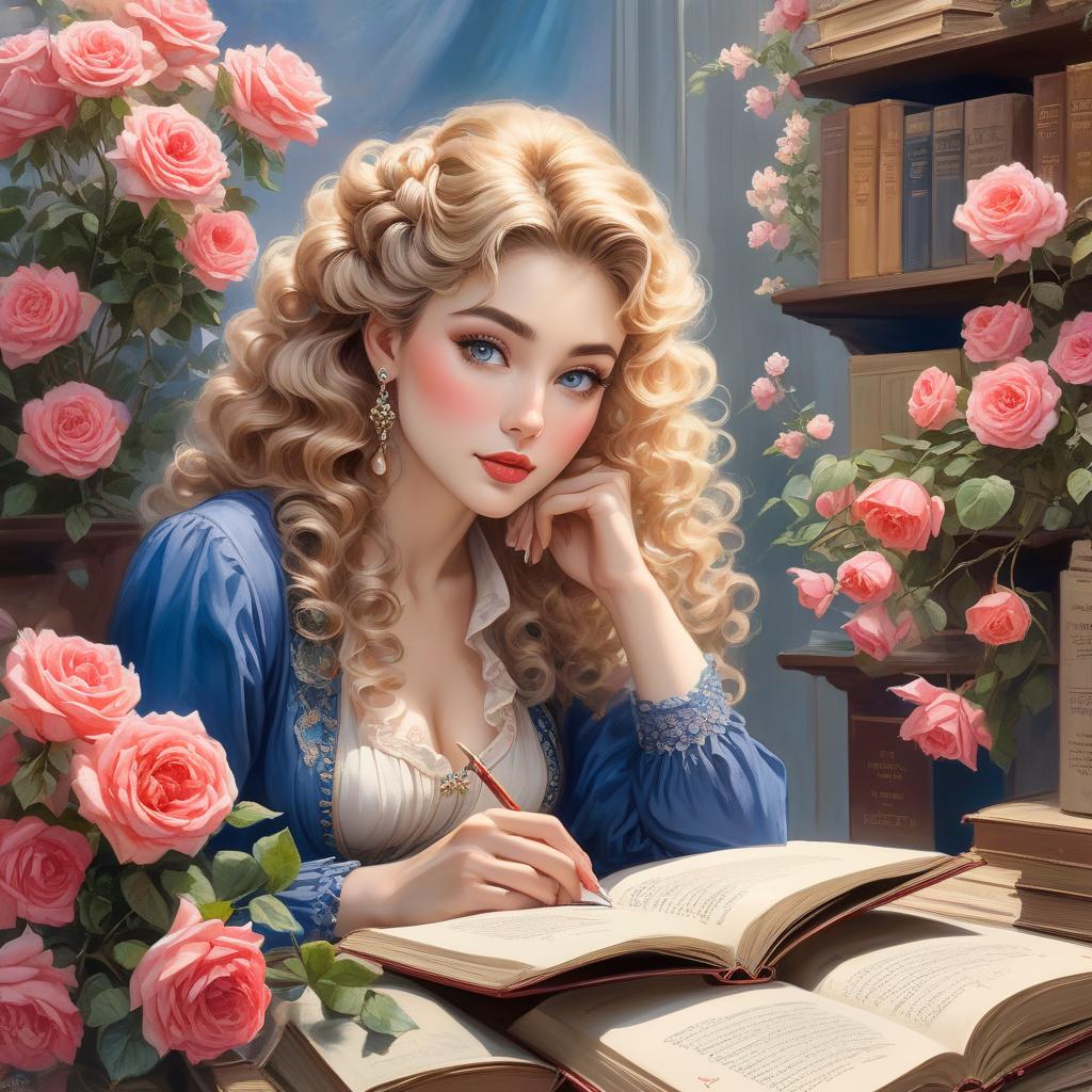  hyperrealistic art A vintage style ilration of a with curly hair writing in a book, surrounded by roses and old books, with a framed portrait nearby. #curlyhair # #ilration #roses #vintage Cozy Cottagecore Victorian Vintage Watercolor , Vintage BEAUTIFUL FACE , CURLY, BLOND, BLUE EYES ADORABLE Lady , Vintage Flowers, Scrapbook, Junk Journal (((,ETSY ART))) in Gouache Style, Watercolor, Museum Epic Impressionist Maximalist Masterpiece, Brush Strokes, Impasto Gouache, layers of gouache watercolors textured on Canvas, 8k Resolution, Matte Painting . extremely high resolution details, photographic, realism pushed to extreme, fine texture, incredibly lifelike hyperrealistic, full body, detailed clothing, highly detailed, cinematic lighting, stunningly beautiful, intricate, sharp focus, f/1. 8, 85mm, (centered image composition), (professionally color graded), ((bright soft diffused light)), volumetric fog, trending on instagram, trending on tumblr, HDR 4K, 8K