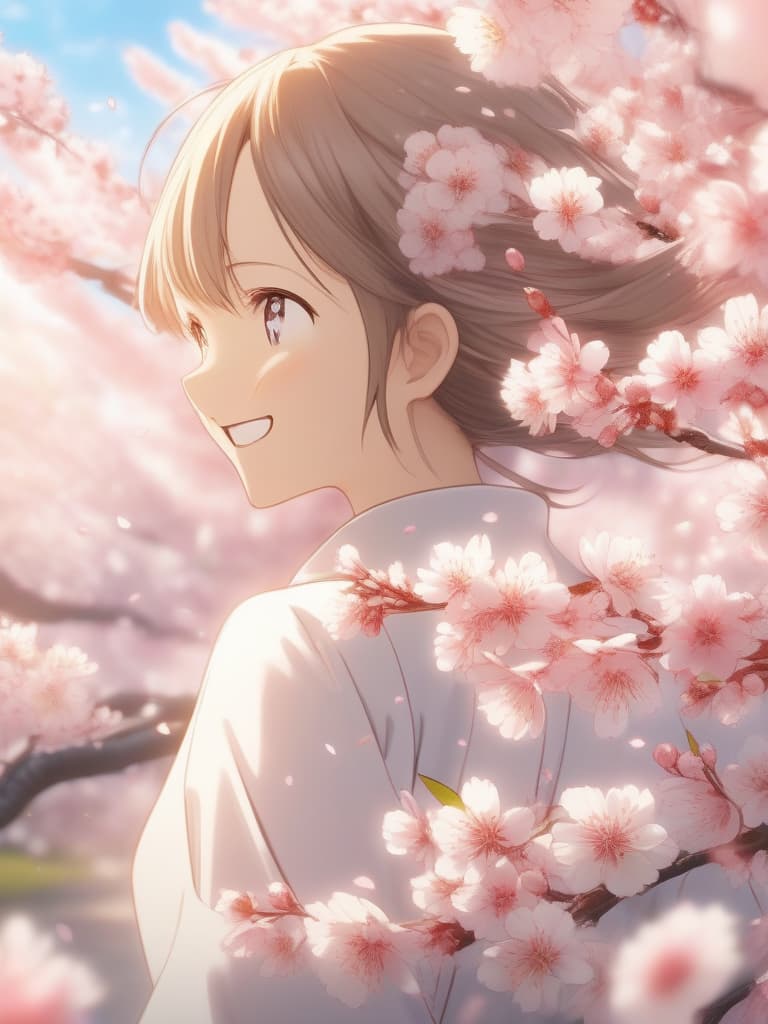  Sufficient smile, cherry blossoms, petals, spring, Outstretched Arms, Looking Back, (PINK & WHITE ONE PIECE), Dutch Angle, 💩: 1.0, 💩: 1.0,, masterpiece, best quality,8k,ultra detailed,high resolution,an extremely delicate and beautiful,hyper detail