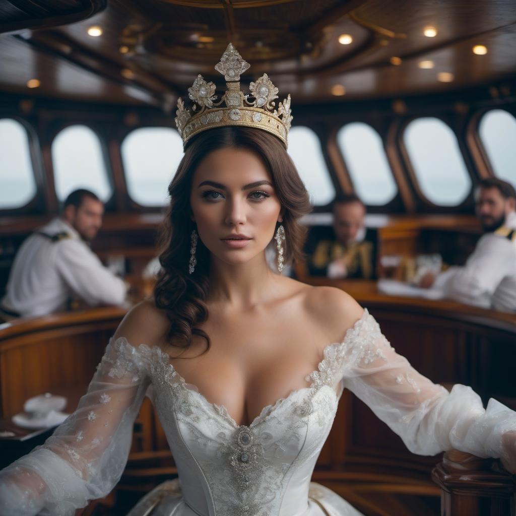  cinematic photo A girl in a diamond crown on board HMS Victory during a storm. . 35mm photograph, film, bokeh, professional, 4k, highly detailed hyperrealistic, full body, detailed clothing, highly detailed, cinematic lighting, stunningly beautiful, intricate, sharp focus, f/1. 8, 85mm, (centered image composition), (professionally color graded), ((bright soft diffused light)), volumetric fog, trending on instagram, trending on tumblr, HDR 4K, 8K