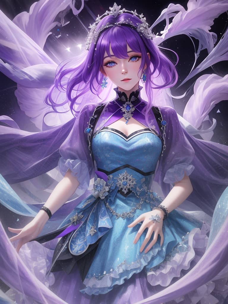  Purple hair, blue eyes, cute, idol, masterpiece, best quality,8k,ultra detailed,high resolution,an extremely delicate and beautiful,hyper detail