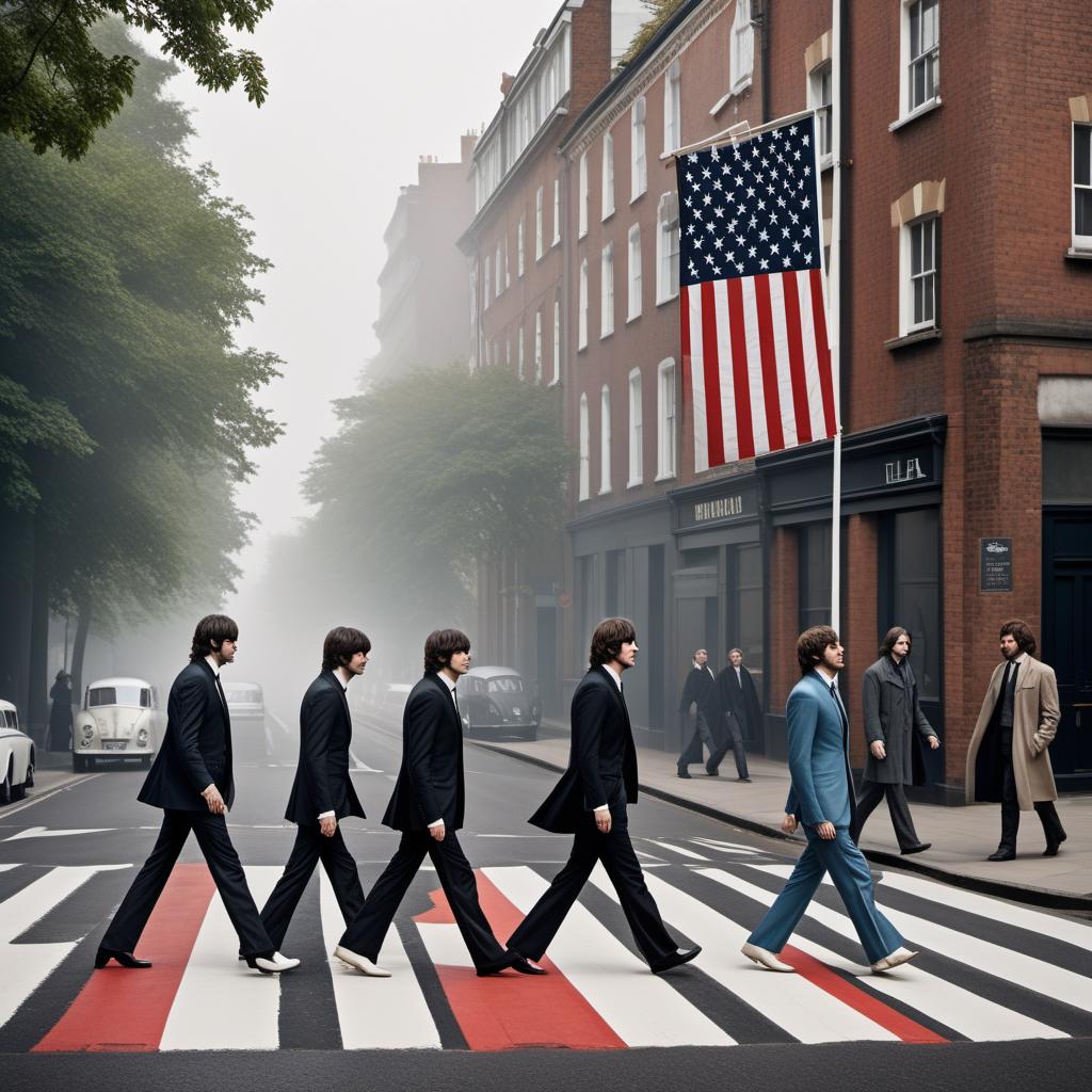  A flag with horizontal stripes. The stripes alternate between dark and light shades. The dark stripes feature silhouettes of The Beatles walking across the Abbey Road crosswalk, as seen on the Abbey Road album cover. The white stripes of the crosswalk have some color added to them. At the edge of the flag, the name 'LELA' is written in a bold and stylized manner. hyperrealistic, full body, detailed clothing, highly detailed, cinematic lighting, stunningly beautiful, intricate, sharp focus, f/1. 8, 85mm, (centered image composition), (professionally color graded), ((bright soft diffused light)), volumetric fog, trending on instagram, trending on tumblr, HDR 4K, 8K