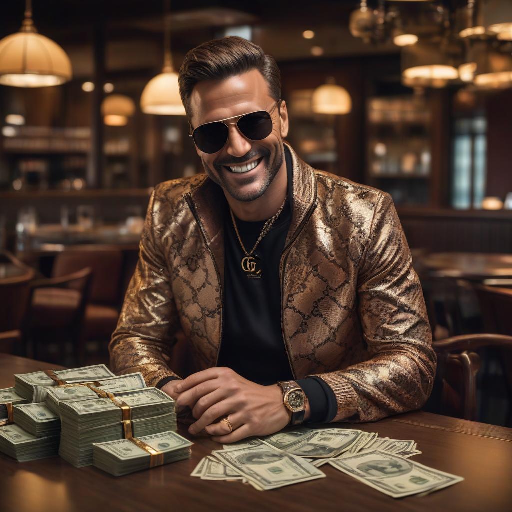  cinematic film still A man in a Gucci tracksuit and black sunglasses sits at a table and counts money in his hands and smiles . shallow depth of field, vignette, highly detailed, high budget, bokeh, cinemascope, moody, epic, gorgeous, film grain, grainy hyperrealistic, full body, detailed clothing, highly detailed, cinematic lighting, stunningly beautiful, intricate, sharp focus, f/1. 8, 85mm, (centered image composition), (professionally color graded), ((bright soft diffused light)), volumetric fog, trending on instagram, trending on tumblr, HDR 4K, 8K