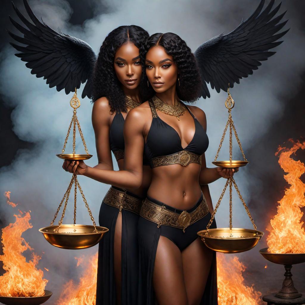  Enchanting black female twins holding scales as symbols of balance in the sign of Libra zodiac, with fire in the background, fantasy lofi style. The twins should have harmonious and balanced appearances, with soft, dreamy, and relaxed lofi elements. Include the elements of fire to create an intense yet harmonious atmosphere. hyperrealistic, full body, detailed clothing, highly detailed, cinematic lighting, stunningly beautiful, intricate, sharp focus, f/1. 8, 85mm, (centered image composition), (professionally color graded), ((bright soft diffused light)), volumetric fog, trending on instagram, trending on tumblr, HDR 4K, 8K