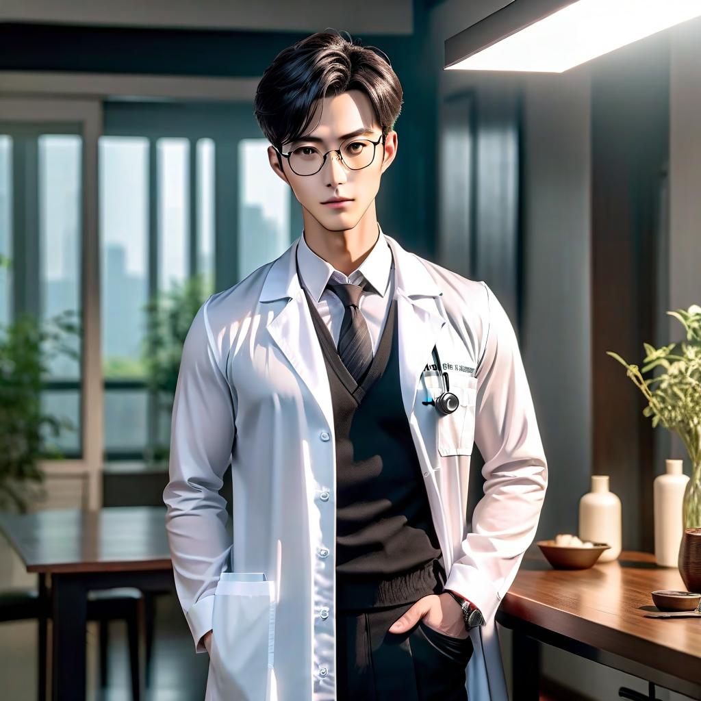  Photo, Chinese man doctor in light shirt, glasses with black frame, zero haircut, slender body shape, elongated slender face, scar on the cheek, long elfin ears, clever expression, standing in a light room near a table. hyperrealistic, full body, detailed clothing, highly detailed, cinematic lighting, stunningly beautiful, intricate, sharp focus, f/1. 8, 85mm, (centered image composition), (professionally color graded), ((bright soft diffused light)), volumetric fog, trending on instagram, trending on tumblr, HDR 4K, 8K