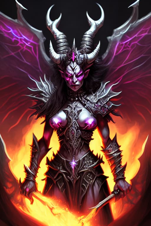  Purpe and silver demon queen with red eyes, horns and fairy wings in flames