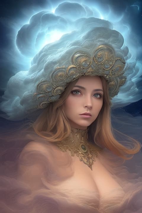  (in Marc Simonetti style:1.4), (masterpiece:1.2), (A female sentient cloud with a constantly shifting form, adorned in a swirling ensemble of vapor and lightning, a composition inspired by atmospheric phenomena and meteorological patterns, wearing unique Avant garde masterpiece attire and headdress:1.1), (illuminated by the ethereal glow of the moon and stars, set against the backdrop of a vast open sky filled with swirling clouds and distant thunderstorms:1.1), (hyperdetailed:1.1), (intricate details:1.0), (Refined details:1.1), (best quality:1.1), (very stylish detailed modern haircut, mesmerizing detailed radiant face, mesmerizing detailed beautiful eyes:1.2)