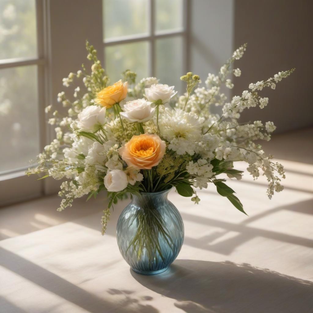  bouquet, beautiful vase, delicate flowers, bouquet, sun sparkles, bright tones, sun shines, draw a beautiful vase hyperrealistic, full body, detailed clothing, highly detailed, cinematic lighting, stunningly beautiful, intricate, sharp focus, f/1. 8, 85mm, (centered image composition), (professionally color graded), ((bright soft diffused light)), volumetric fog, trending on instagram, trending on tumblr, HDR 4K, 8K