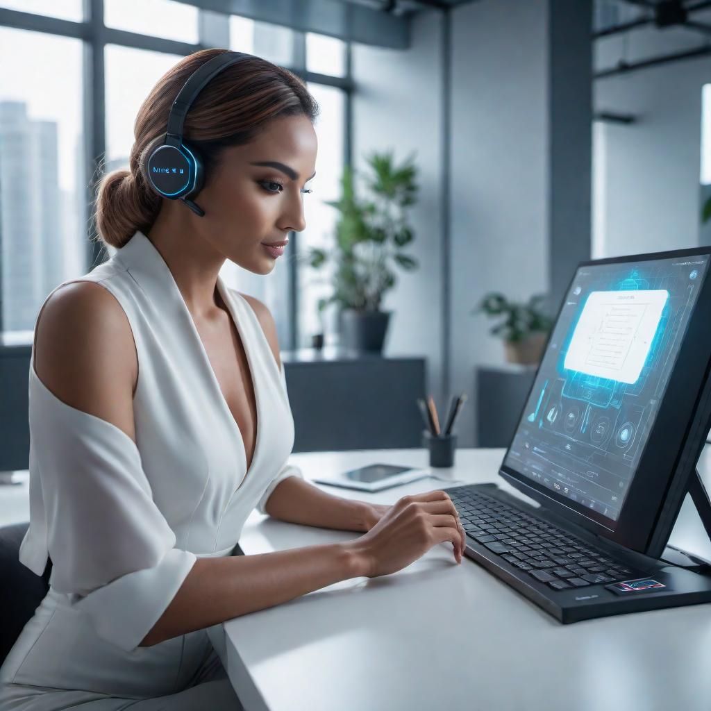  An AI assistant interacting with a user, with the AI assistant asking the user to describe what they would like to draw. The user is seen typing a response on a digital device. The setting is a modern and clean workspace with futuristic technology elements. hyperrealistic, full body, detailed clothing, highly detailed, cinematic lighting, stunningly beautiful, intricate, sharp focus, f/1. 8, 85mm, (centered image composition), (professionally color graded), ((bright soft diffused light)), volumetric fog, trending on instagram, trending on tumblr, HDR 4K, 8K