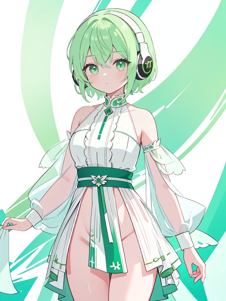  Green hair short hair character equipped with headphones only with white loincloth, masterpiece, best quality,8k,ultra detailed,high resolution,an extremely delicate and beautiful,hyper detail