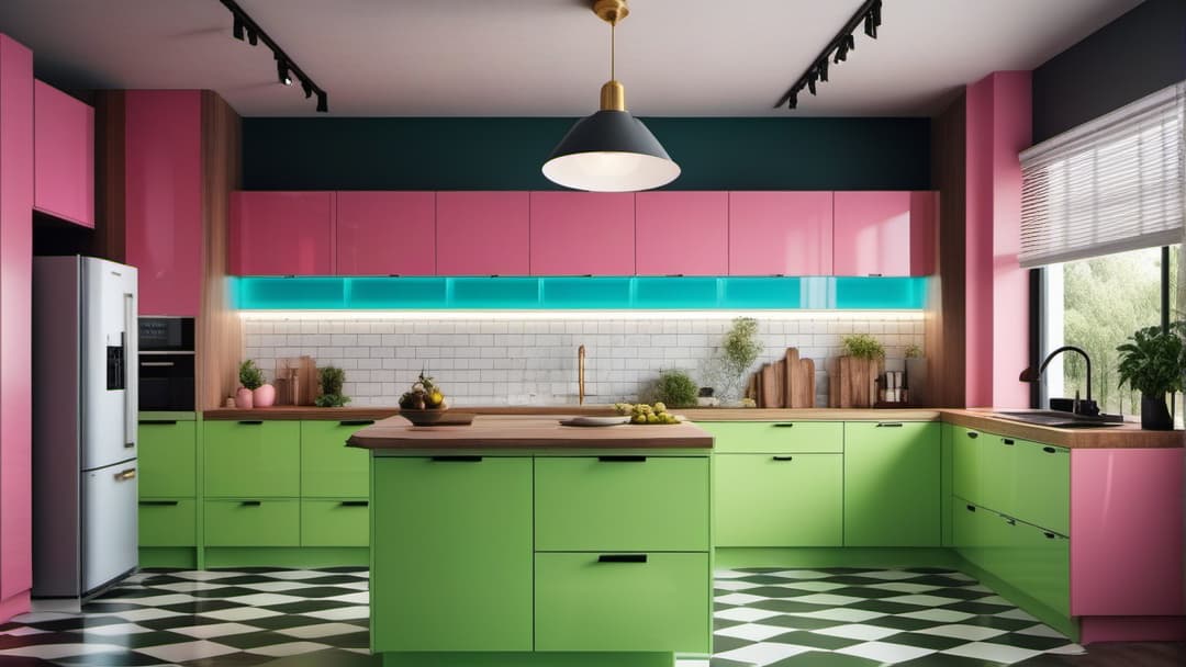  Create an image of an 80s retro kitchen with bold and vibrant colors. The cabinets should be in a striking neon green, paired with bright pink countertops. The backsplash should feature a mosaic of geometric shapes in neon yellow and electric blue. Include a black and white checkered flooring. The atmosphere should be eclectic, energetic, and full of personality, reflecting the fun and colorful decor trends of the 1980s. hyperrealistic, full body, detailed clothing, highly detailed, cinematic lighting, stunningly beautiful, intricate, sharp focus, f/1. 8, 85mm, (centered image composition), (professionally color graded), ((bright soft diffused light)), volumetric fog, trending on instagram, trending on tumblr, HDR 4K, 8K